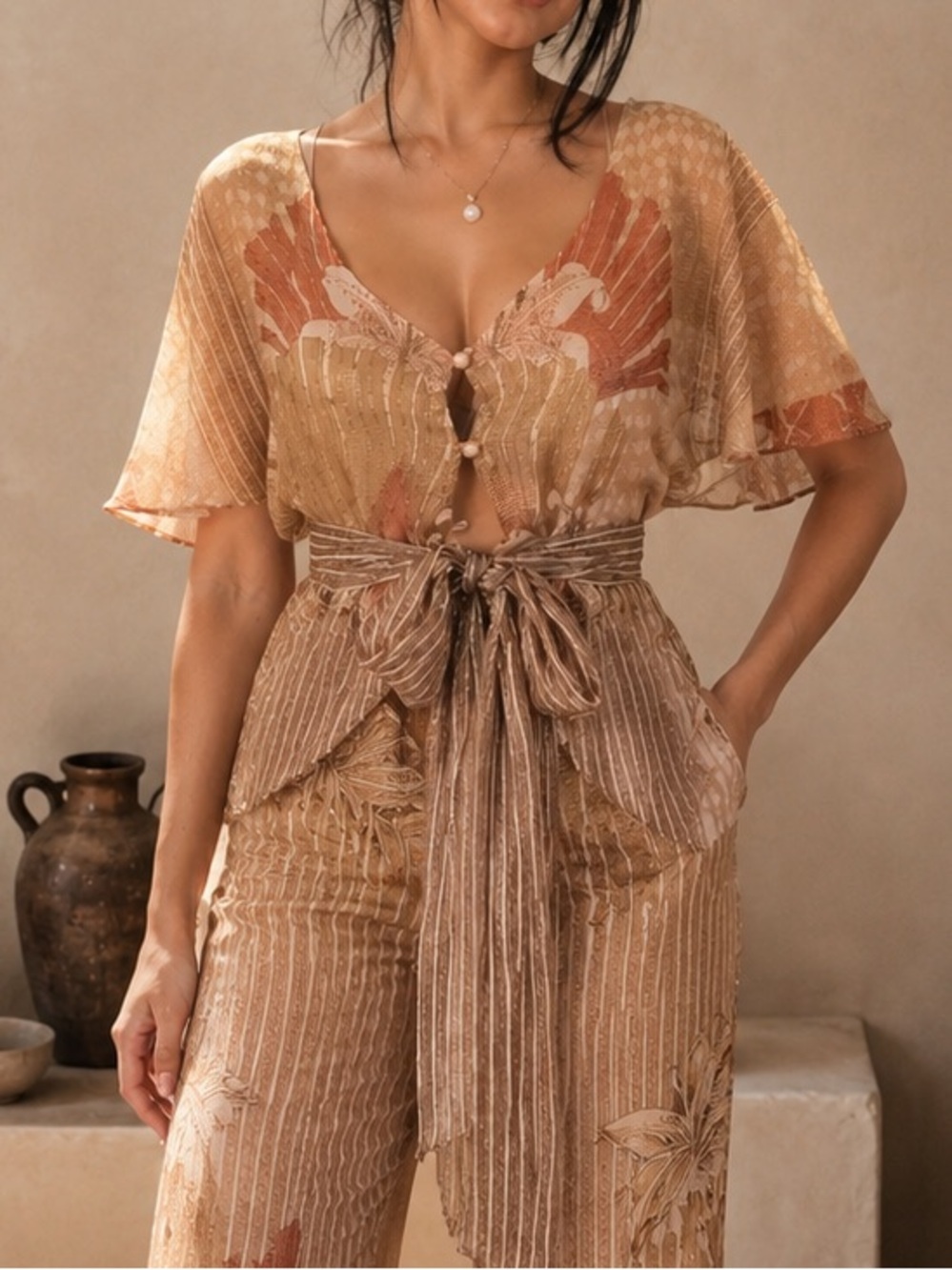 Foley + Corinna 100% Silk Blouse, Sheer Gold w/Sequin Floral Metallic Fairy